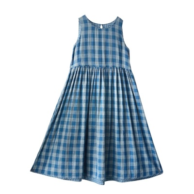 2025夏季新款纯棉双层纱圆领格子长裙设计感小众文艺无袖连衣裙女