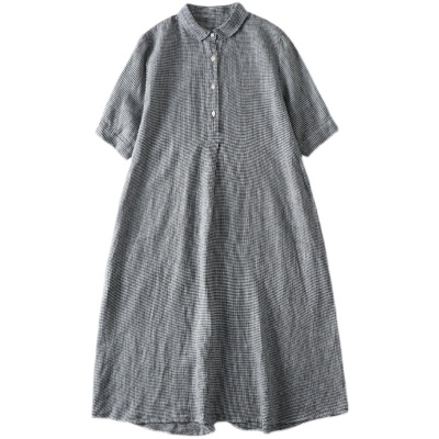 日系色织亚麻格子连衣裙女2024夏新款复古休闲造型下摆宽松长裙子