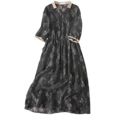 2025春新款印花翻领薄款棉麻衬衫裙女宽松大码收腰显瘦短袖连衣裙