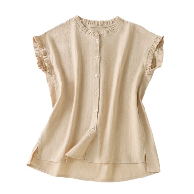 实拍现货  衬衫女文艺木耳领单排扣衬衣气质飞袖上衣夏