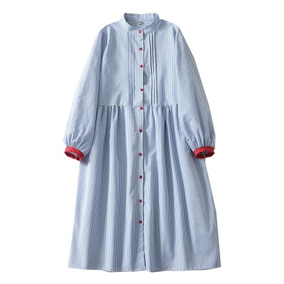 2025春季新款日系文艺格子长袖衬衫连衣裙女宽松显瘦立领棉麻长裙