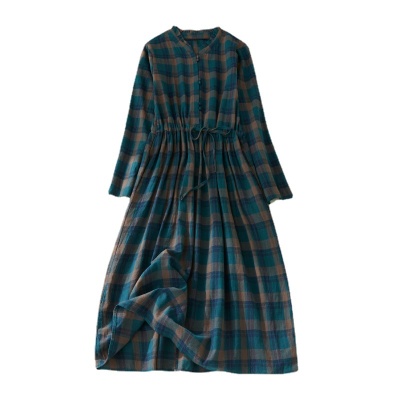 秋装新款大码女装复古收腰显瘦系带花边领长袖中长款格子连衣裙女