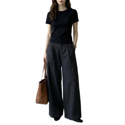 云长 春季新款弯刀裤女高腰显瘦宽松阔腿休闲长裤带纽扣现货批发