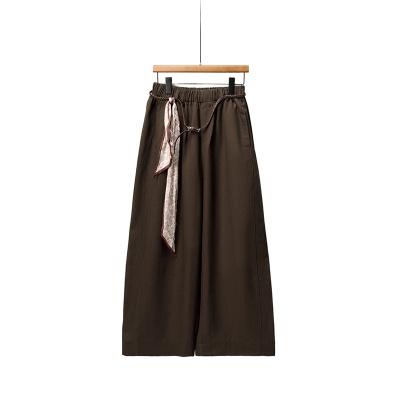 云长 系带莱赛尔棉阔腿长裤春季新款女生加厚休闲裤棕色裤子现货