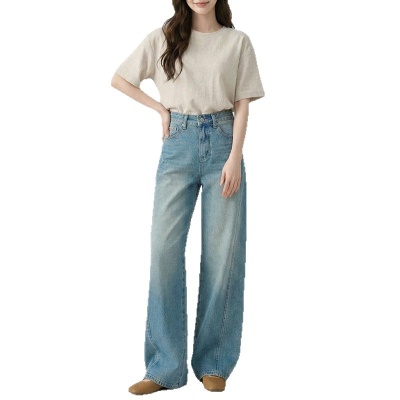 云长 复古港风直筒牛仔裤女磨白高腰阔腿裤显瘦休闲长裤现货批发