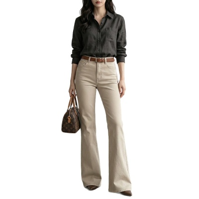 云长 棉氨混纺牛仔裤女春季新款美式复古卡其色马蹄喇叭裤中腰批