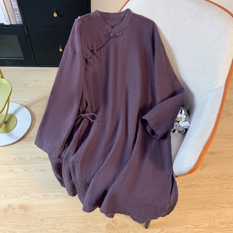 实拍2025新款通勤中式文艺盘扣系带棉麻衬衫长款禅意茶服立领上衣