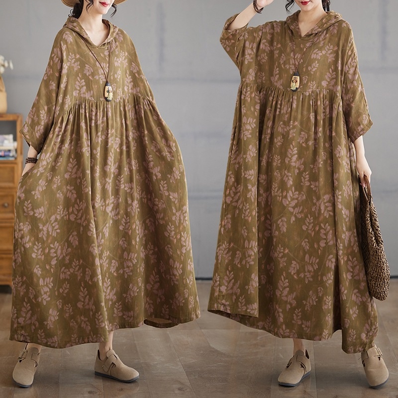 实拍2025春文艺气质复古印花连帽高腰连衣裙宽松大摆娃娃裙大码裙