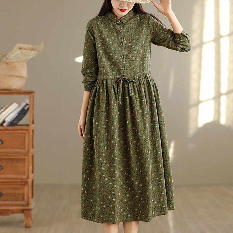 实拍森系文艺翻领长袖连衣裙2025秋装棉质磨毛碎花裙中长款衬衫裙
