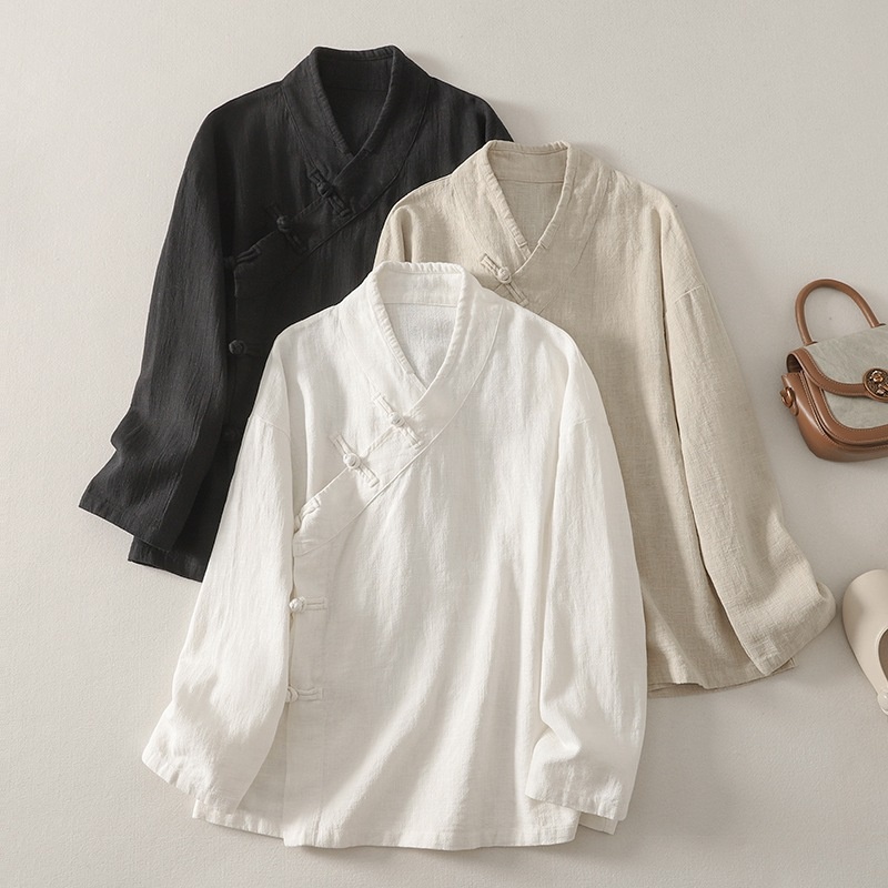 实拍新中式休闲上衣女中式盘扣斜襟长袖衬衫禅修居士服茶服开衫