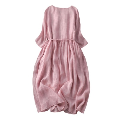 2023夏季文艺复古圆领双层仙气系带收腰中长款旅行度假连衣裙女薄