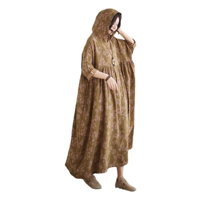 实拍2025春文艺气质复古印花连帽高腰连衣裙宽松大摆娃娃裙大码裙