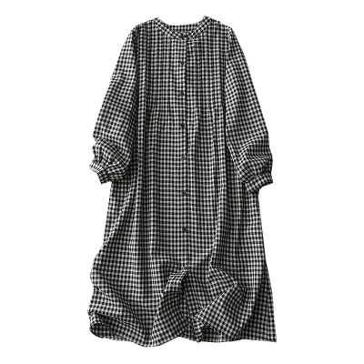 实拍日系复古格子长袖衬衫裙2024秋季叠穿慵懒风小个子棉麻连衣裙