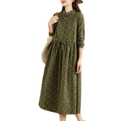 实拍森系文艺翻领长袖连衣裙2025秋装棉质磨毛碎花裙中长款衬衫裙