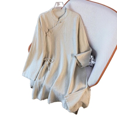 实拍2025新款通勤中式文艺盘扣系带棉麻衬衫长款禅意茶服立领上衣