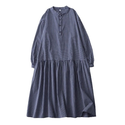 实拍2025春季新款日系格子连衣裙复古休闲宽松中长款棉质长袖裙子