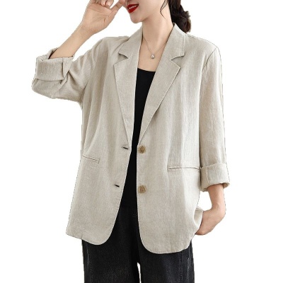 实拍2025年春秋新款棉麻文艺宽松西装领长袖小西服休闲外套上衣女