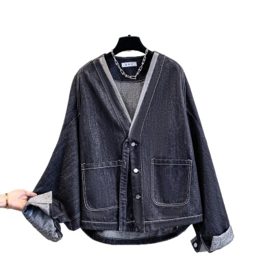 实拍现货2025年秋季新品宽松休闲V领长袖牛仔夹克外套百搭上衣女