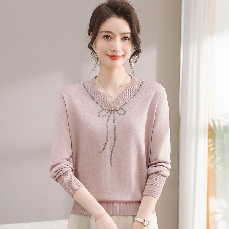 春秋新款V领针织衫中年妈妈减龄打底衫T恤洋气百搭镶钻女装女毛衣