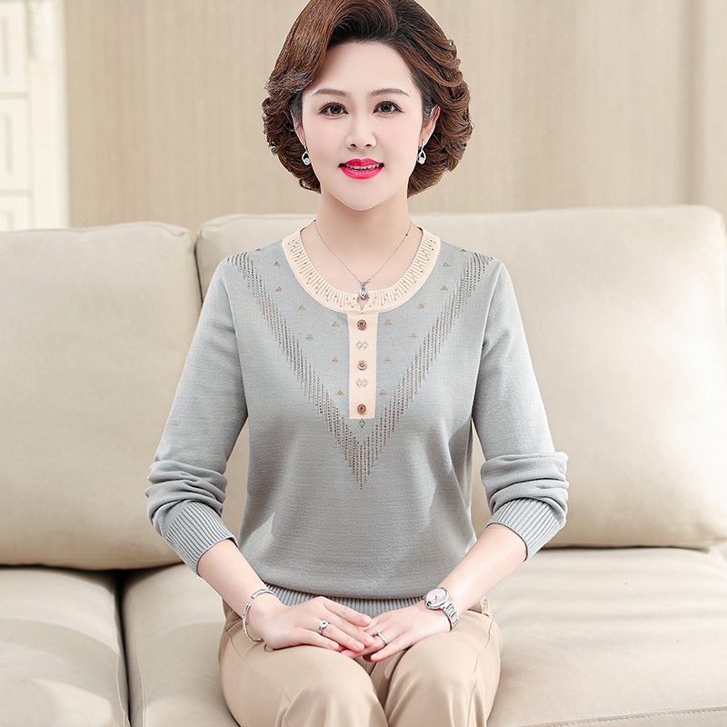 妈妈装春秋新款长袖洋气打底衫上衣40岁50中老年女宽松毛衣针织衫