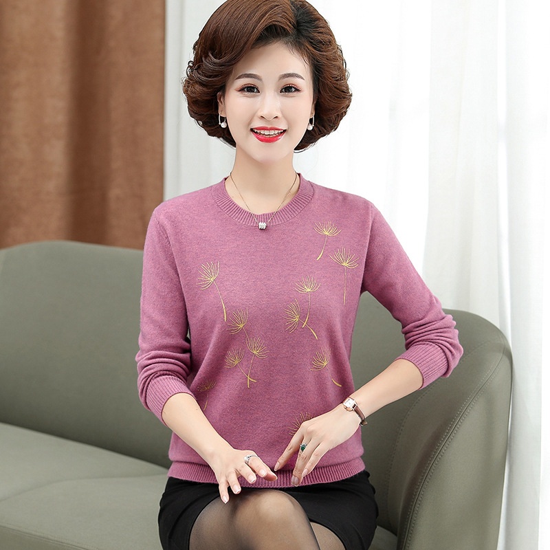 中老年女装秋冬新款大码印花打底衫女士妈妈装低圆领针织衫毛衣