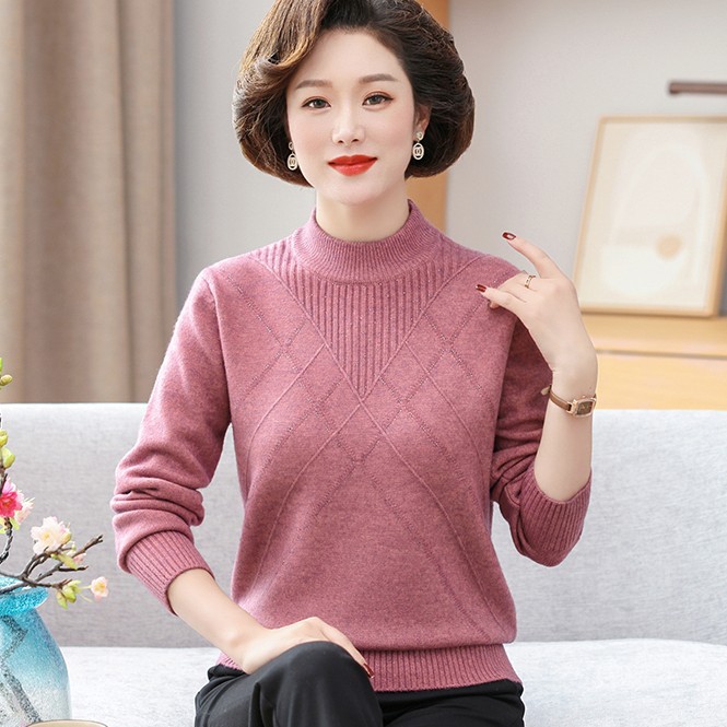 中老年女装上衣秋冬装中长款衣服新款半高领毛衣妈妈洋气套头休闲
