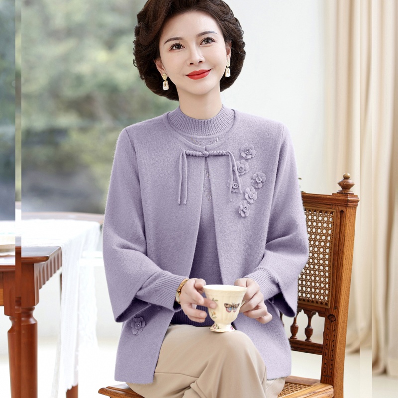 2025年新款妈妈秋装针织两件套装提花国风中老年女春秋上衣服外套