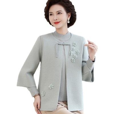 2025年新款妈妈秋装针织两件套装提花国风中老年女春秋上衣服外套