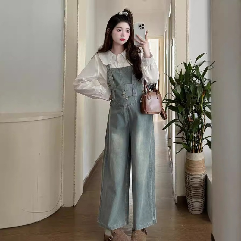 孕妇牛仔背带裤时尚秋季新款韩版减龄娃娃领衬衣宽松休闲阔腿长裤