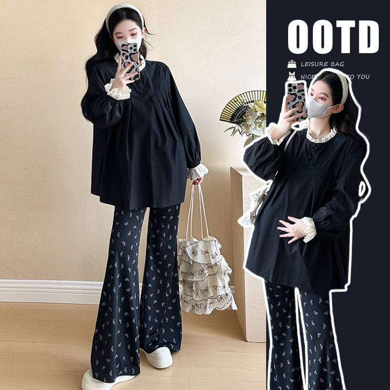 孕妇套装2025早春新款韩版撞色蕾丝拼接宽松遮孕肚上衣托腹喇叭裤