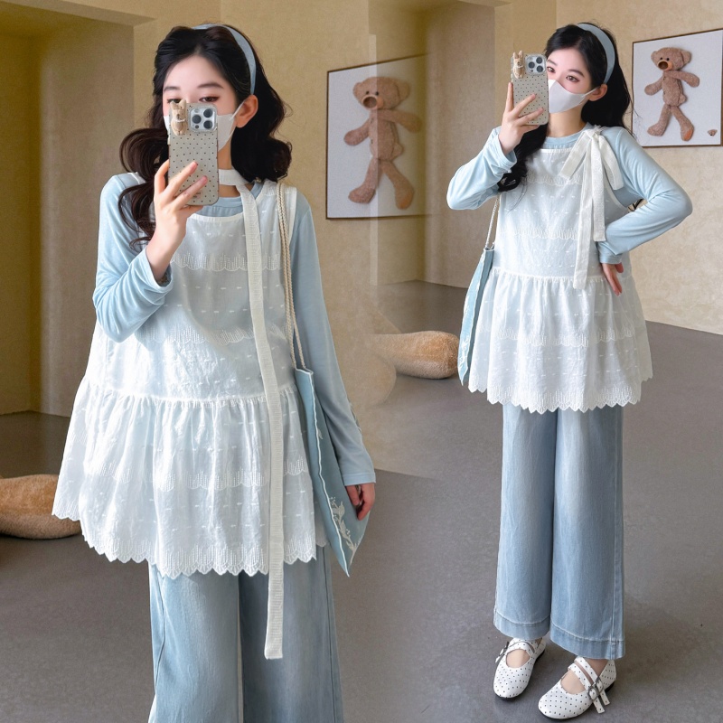 孕期穿搭2026春季新品洋气小清新宽松遮孕肚简约T恤+蕾丝背心套装