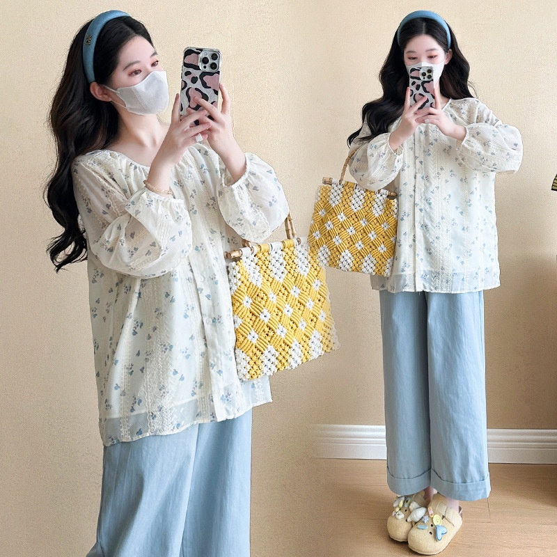 孕期穿搭春季新品小碎花宽松衬衫+无托腹直筒裤潮妈外穿孕妇套装