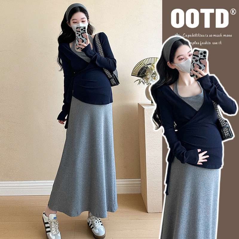 孕妇裙2025秋季新款法式气质显瘦挂脖连衣裙+设计感系带V领上衣女