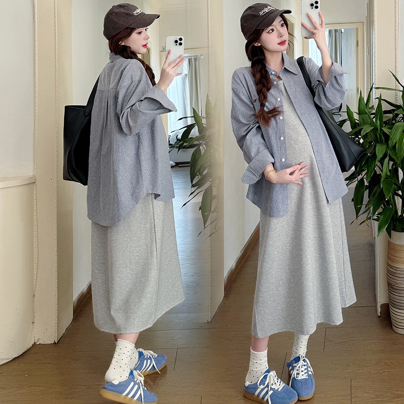 孕妇套装2025春季新款灰色法式气质背心连衣裙+韩版宽松条纹衬衫