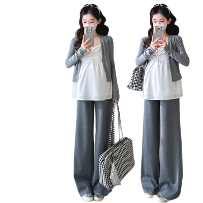 孕期穿搭2026春季新品纯欲风上衣吊带外套阔腿裤辣妈显瘦孕妇套装