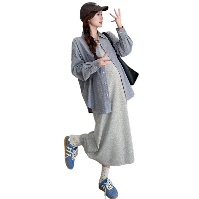 孕妇套装2025春季新款灰色法式气质背心连衣裙+韩版宽松条纹衬衫