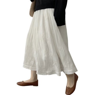 孕妇半身裙时尚春夏新款时尚文艺气质镂空花边棉麻刺绣显瘦A字裙