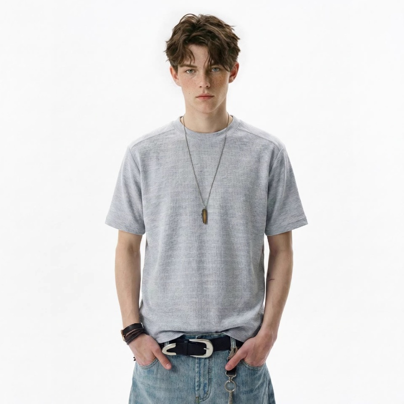 易盛易 夏季男装静奢肌理混纺基础款提花修身纯色圆领针织短袖T恤