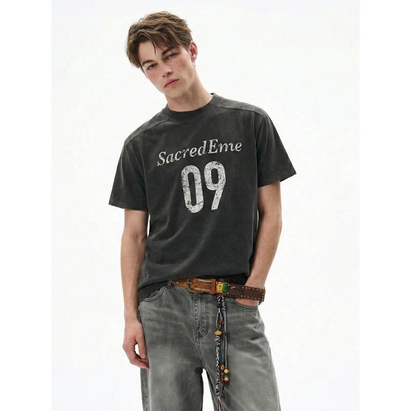 易盛易 美式复古水洗做旧印花圆领设计感廓形正肩boxyfit短袖T恤