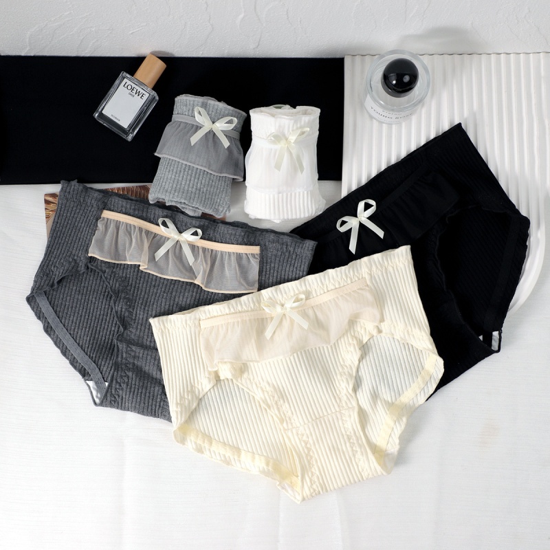 in少女时尚螺纹棉质网纱女内裤中腰透气木耳边条纹舒适三角女内裤