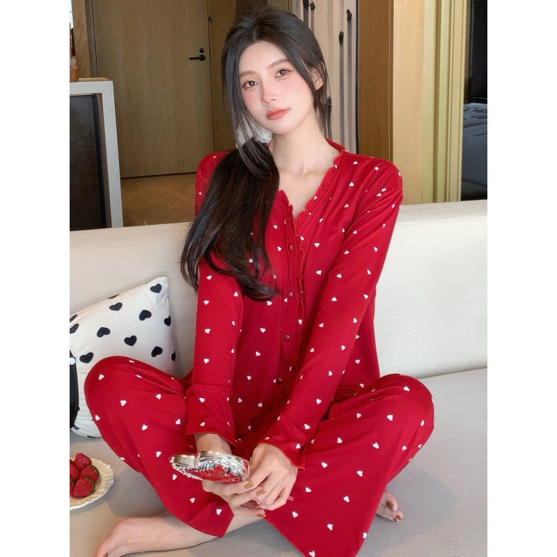 莫代尔睡衣女春秋季带胸垫爱心长袖本命年红色家居服套装
