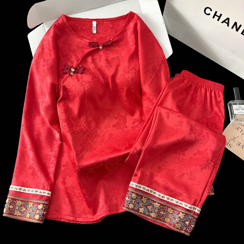 2025春季新款中国红新中式提花睡衣女长袖盘扣家居服套装高级感国