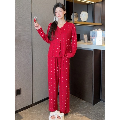 莫代尔睡衣女春秋季带胸垫爱心长袖本命年红色家居服套装