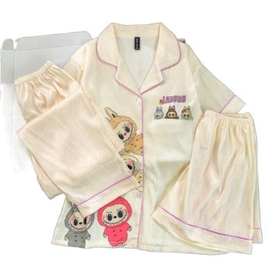 实拍#冰丝带胸垫睡衣三件套女士家居服套装开衫拉布布杏色卡通