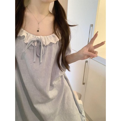 夏季新款云朵棉短袖睡裙女甜美蕾丝花边家居服带胸垫
