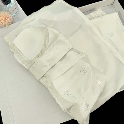 直播爆款夏季带胸垫短袖冰雪丝睡衣女薄款冰丝三件套家居服